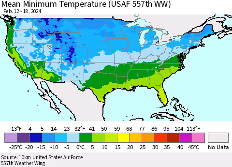 United States Mean Minimum Temperature (USAF 557th WW) Thematic Map For 2/12/2024 - 2/18/2024