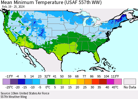 United States Mean Minimum Temperature (USAF 557th WW) Thematic Map For 2/19/2024 - 2/25/2024