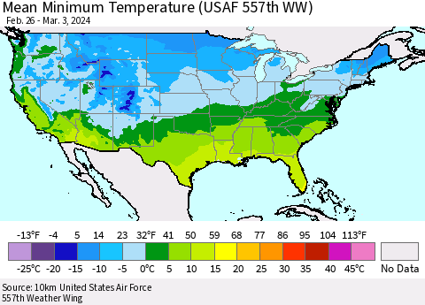 United States Mean Minimum Temperature (USAF 557th WW) Thematic Map For 2/26/2024 - 3/3/2024