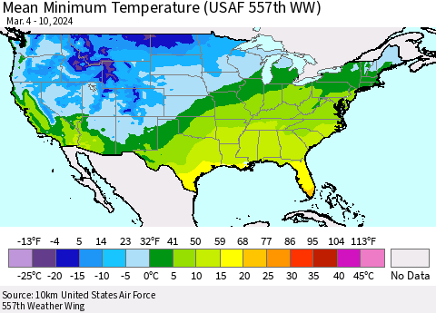 United States Mean Minimum Temperature (USAF 557th WW) Thematic Map For 3/4/2024 - 3/10/2024