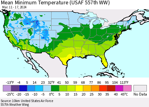 United States Mean Minimum Temperature (USAF 557th WW) Thematic Map For 3/11/2024 - 3/17/2024