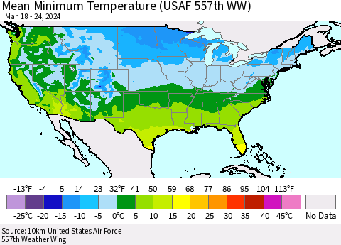 United States Mean Minimum Temperature (USAF 557th WW) Thematic Map For 3/18/2024 - 3/24/2024