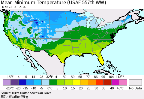 United States Mean Minimum Temperature (USAF 557th WW) Thematic Map For 3/25/2024 - 3/31/2024