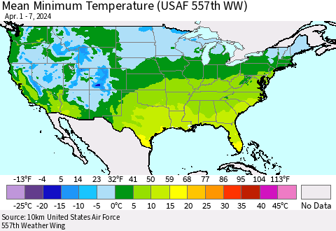 United States Mean Minimum Temperature (USAF 557th WW) Thematic Map For 4/1/2024 - 4/7/2024