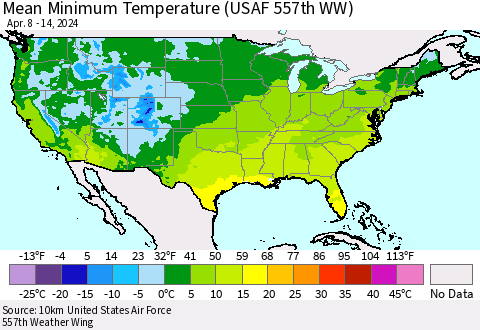 United States Mean Minimum Temperature (USAF 557th WW) Thematic Map For 4/8/2024 - 4/14/2024