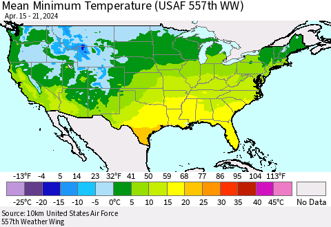 United States Mean Minimum Temperature (USAF 557th WW) Thematic Map For 4/15/2024 - 4/21/2024