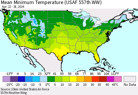 United States Mean Minimum Temperature (USAF 557th WW) Thematic Map For 4/22/2024 - 4/28/2024