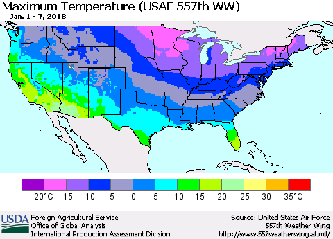 United States Mean Maximum Temperature (USAF 557th WW) Thematic Map For 1/1/2018 - 1/7/2018