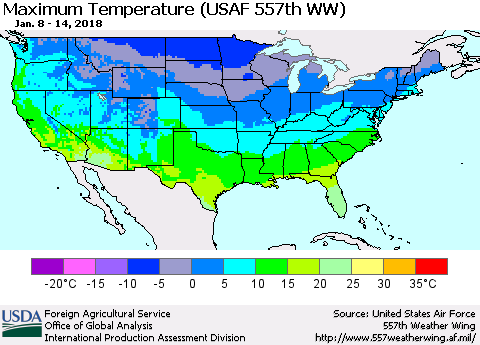 United States Mean Maximum Temperature (USAF 557th WW) Thematic Map For 1/8/2018 - 1/14/2018