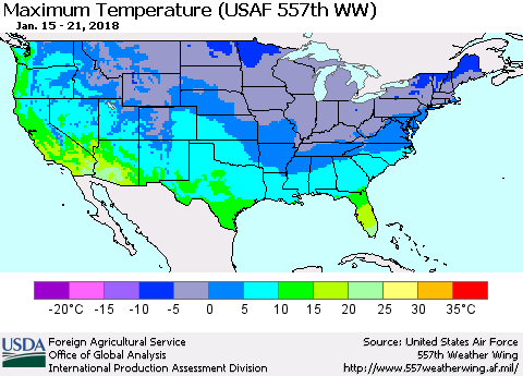 United States Mean Maximum Temperature (USAF 557th WW) Thematic Map For 1/15/2018 - 1/21/2018