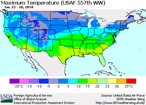 United States Mean Maximum Temperature (USAF 557th WW) Thematic Map For 1/22/2018 - 1/28/2018