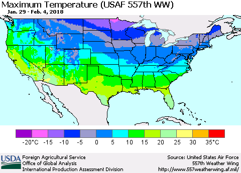 United States Mean Maximum Temperature (USAF 557th WW) Thematic Map For 1/29/2018 - 2/4/2018