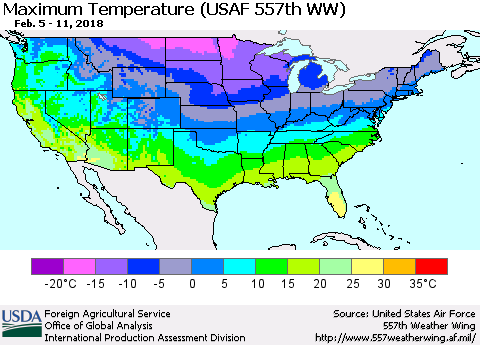 United States Mean Maximum Temperature (USAF 557th WW) Thematic Map For 2/5/2018 - 2/11/2018