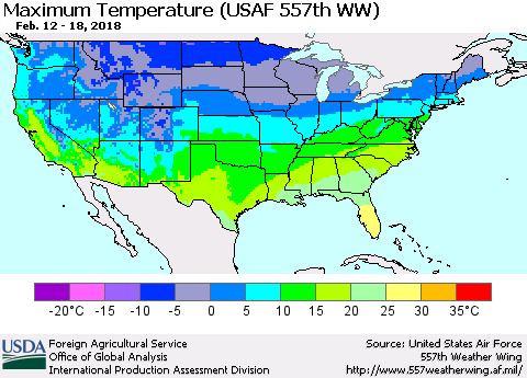 United States Mean Maximum Temperature (USAF 557th WW) Thematic Map For 2/12/2018 - 2/18/2018