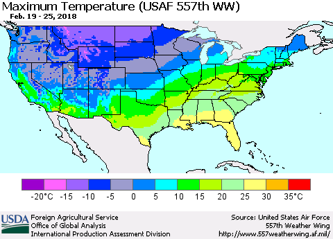 United States Mean Maximum Temperature (USAF 557th WW) Thematic Map For 2/19/2018 - 2/25/2018