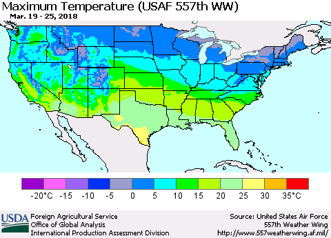 United States Mean Maximum Temperature (USAF 557th WW) Thematic Map For 3/19/2018 - 3/25/2018