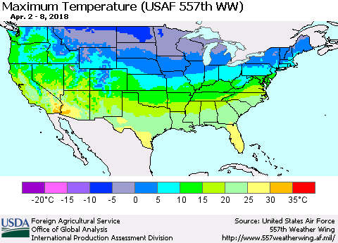 United States Mean Maximum Temperature (USAF 557th WW) Thematic Map For 4/2/2018 - 4/8/2018