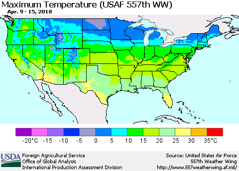 United States Mean Maximum Temperature (USAF 557th WW) Thematic Map For 4/9/2018 - 4/15/2018