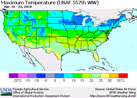 United States Mean Maximum Temperature (USAF 557th WW) Thematic Map For 4/16/2018 - 4/22/2018
