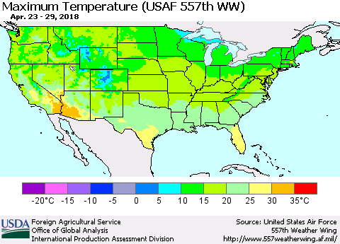 United States Mean Maximum Temperature (USAF 557th WW) Thematic Map For 4/23/2018 - 4/29/2018