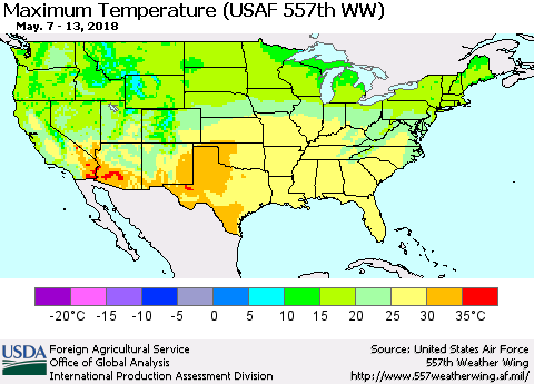 United States Mean Maximum Temperature (USAF 557th WW) Thematic Map For 5/7/2018 - 5/13/2018