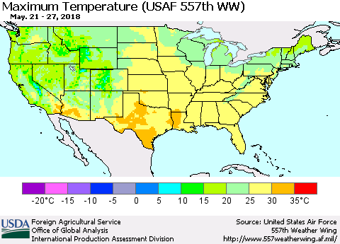 United States Mean Maximum Temperature (USAF 557th WW) Thematic Map For 5/21/2018 - 5/27/2018