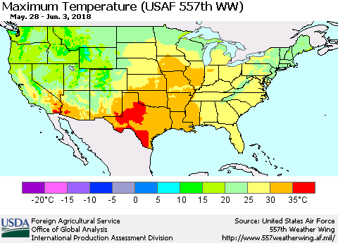 United States Mean Maximum Temperature (USAF 557th WW) Thematic Map For 5/28/2018 - 6/3/2018