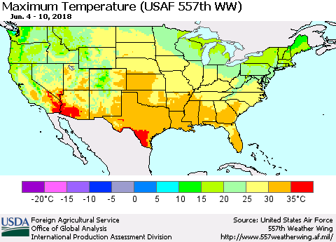 United States Mean Maximum Temperature (USAF 557th WW) Thematic Map For 6/4/2018 - 6/10/2018