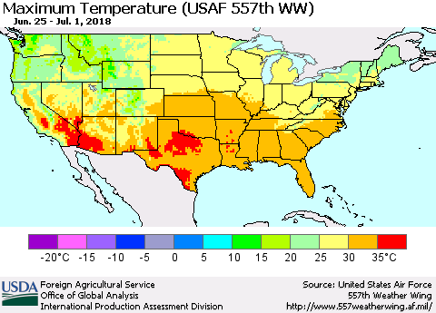 United States Mean Maximum Temperature (USAF 557th WW) Thematic Map For 6/25/2018 - 7/1/2018