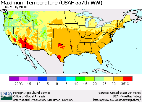 United States Mean Maximum Temperature (USAF 557th WW) Thematic Map For 7/2/2018 - 7/8/2018
