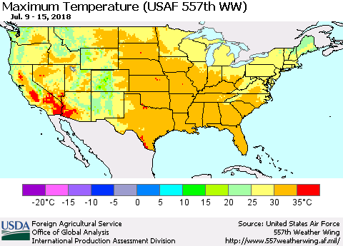 United States Mean Maximum Temperature (USAF 557th WW) Thematic Map For 7/9/2018 - 7/15/2018