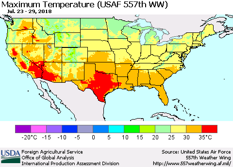 United States Mean Maximum Temperature (USAF 557th WW) Thematic Map For 7/23/2018 - 7/29/2018