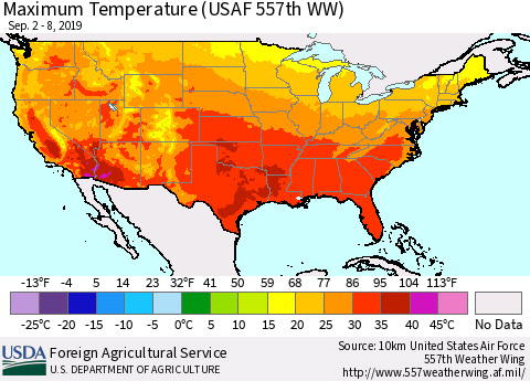 United States Mean Maximum Temperature (USAF 557th WW) Thematic Map For 9/2/2019 - 9/8/2019