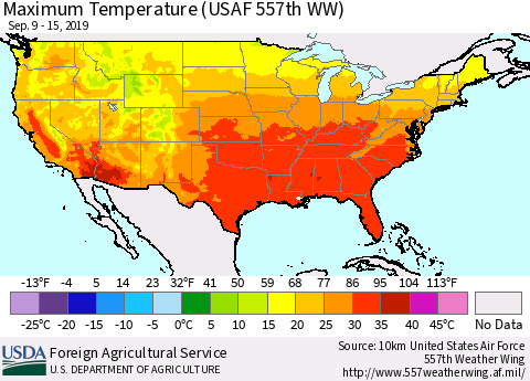 United States Mean Maximum Temperature (USAF 557th WW) Thematic Map For 9/9/2019 - 9/15/2019