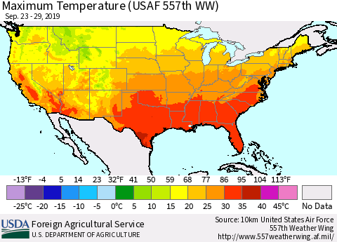 United States Mean Maximum Temperature (USAF 557th WW) Thematic Map For 9/23/2019 - 9/29/2019
