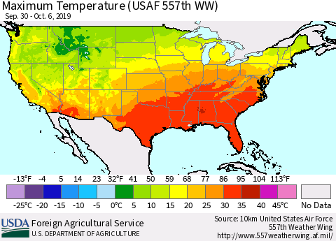 United States Mean Maximum Temperature (USAF 557th WW) Thematic Map For 9/30/2019 - 10/6/2019