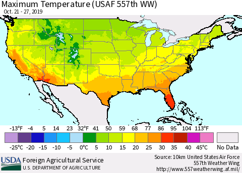 United States Mean Maximum Temperature (USAF 557th WW) Thematic Map For 10/21/2019 - 10/27/2019