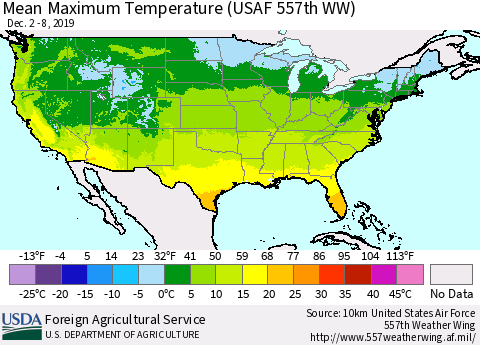 United States Mean Maximum Temperature (USAF 557th WW) Thematic Map For 12/2/2019 - 12/8/2019