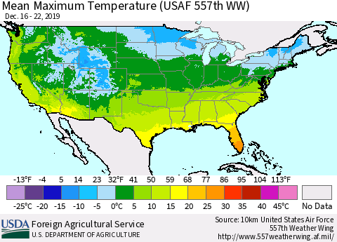 United States Mean Maximum Temperature (USAF 557th WW) Thematic Map For 12/16/2019 - 12/22/2019