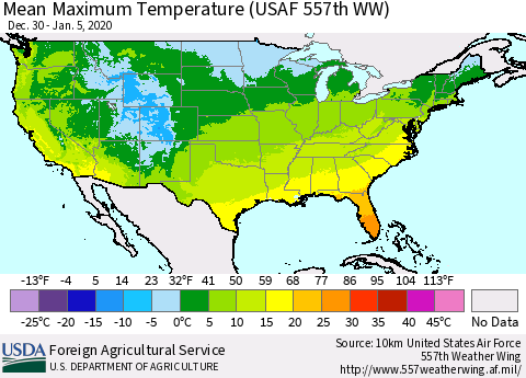 United States Maximum Temperature (USAF 557th WW) Thematic Map For 12/30/2019 - 1/5/2020