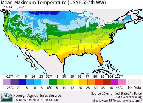 United States Maximum Temperature (USAF 557th WW) Thematic Map For 1/13/2020 - 1/19/2020