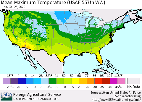 United States Mean Maximum Temperature (USAF 557th WW) Thematic Map For 1/20/2020 - 1/26/2020