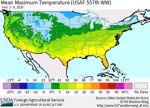 United States Maximum Temperature (USAF 557th WW) Thematic Map For 2/3/2020 - 2/9/2020