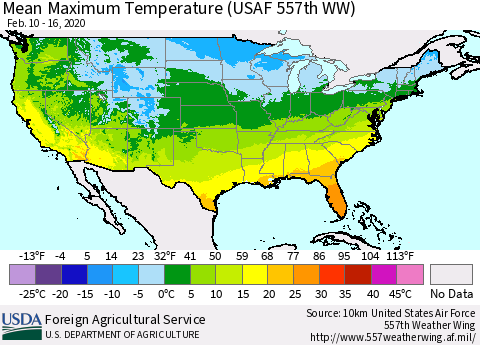 United States Maximum Temperature (USAF 557th WW) Thematic Map For 2/10/2020 - 2/16/2020