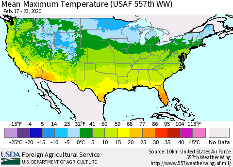 United States Maximum Temperature (USAF 557th WW) Thematic Map For 2/17/2020 - 2/23/2020