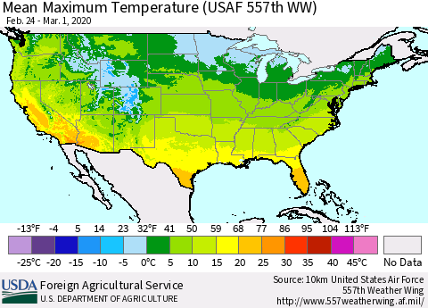United States Maximum Temperature (USAF 557th WW) Thematic Map For 2/24/2020 - 3/1/2020