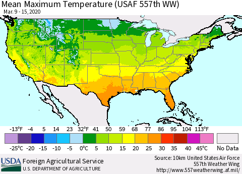 United States Mean Maximum Temperature (USAF 557th WW) Thematic Map For 3/9/2020 - 3/15/2020