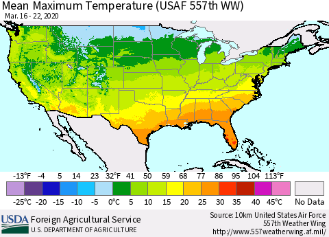 United States Mean Maximum Temperature (USAF 557th WW) Thematic Map For 3/16/2020 - 3/22/2020
