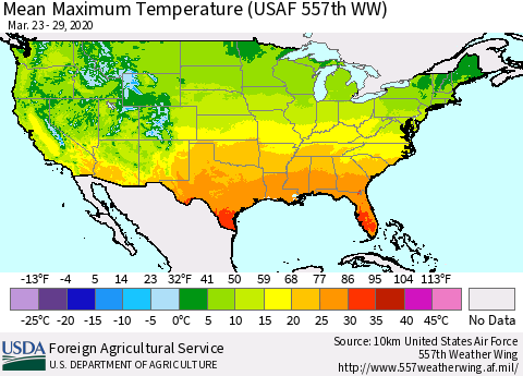United States Maximum Temperature (USAF 557th WW) Thematic Map For 3/23/2020 - 3/29/2020