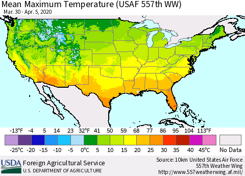 United States Maximum Temperature (USAF 557th WW) Thematic Map For 3/30/2020 - 4/5/2020